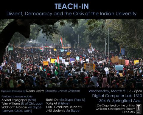 Teach-in poster featuring an image of the protests happening in the Indian University