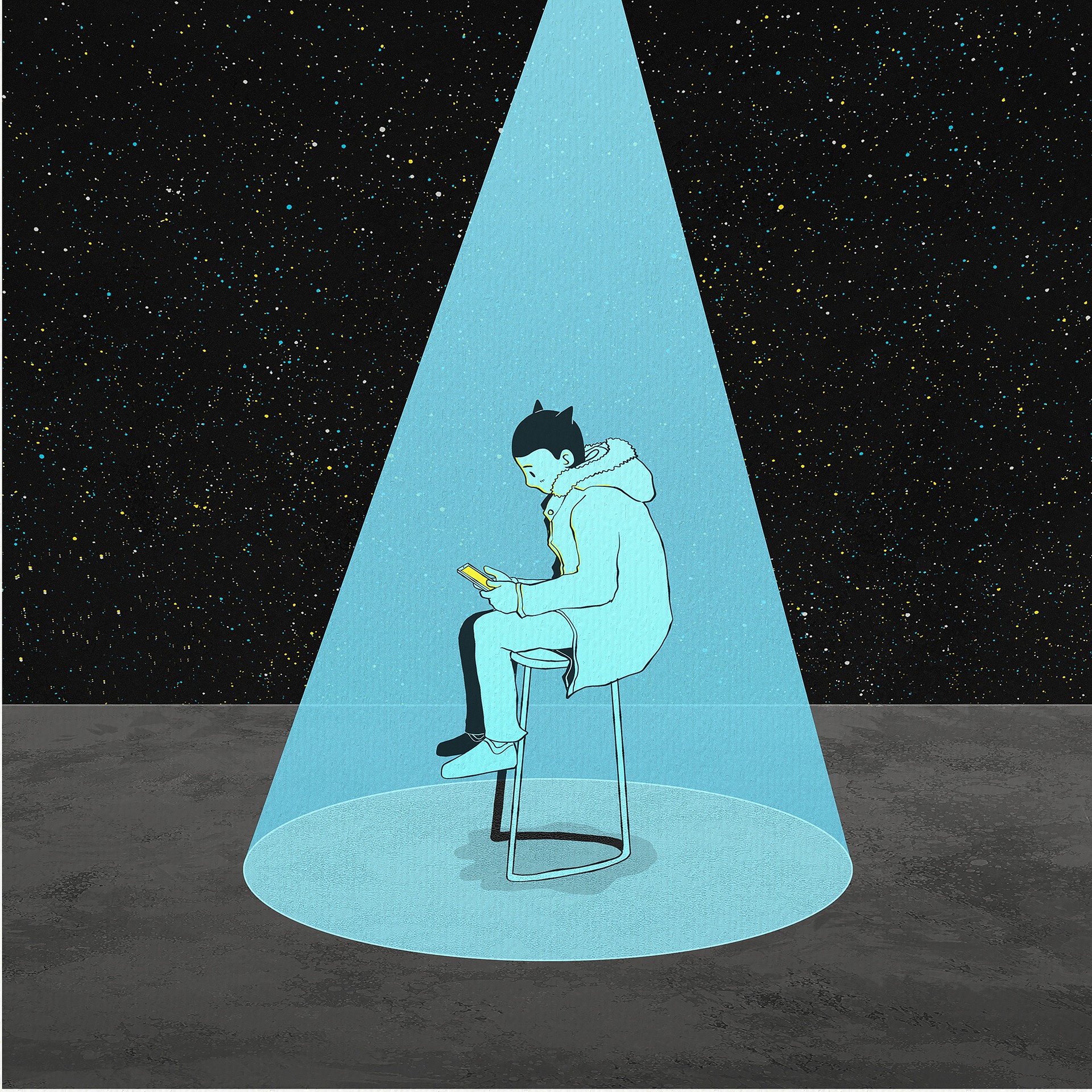 A person sits alone on a chair under a UFO spot light in space. 