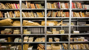 crowded bookshelves