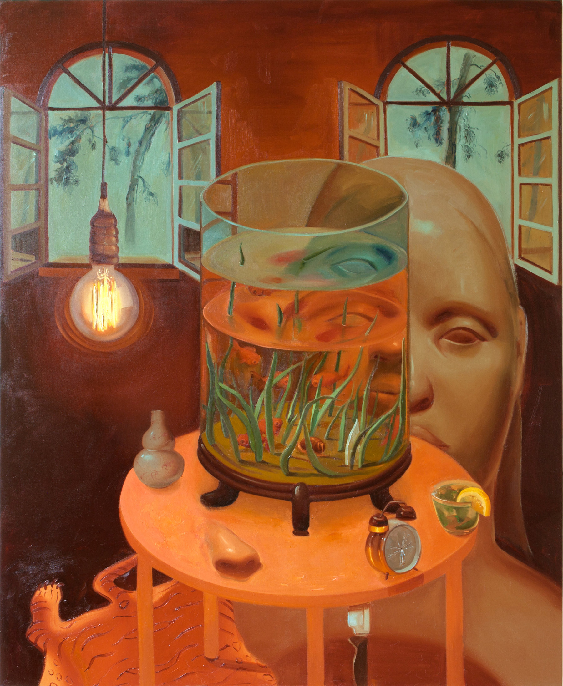 Art piece of woman looking into glass bowl of fish called "Stay Home" by Dominique Fung