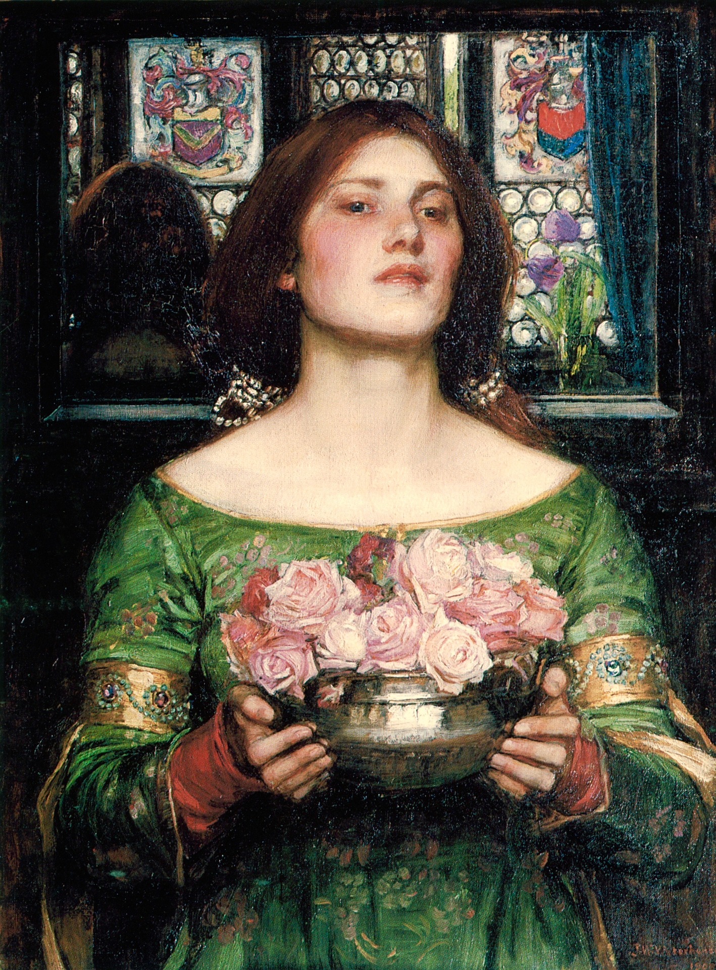a woman in a green victorian dress, holding a bowl of roses