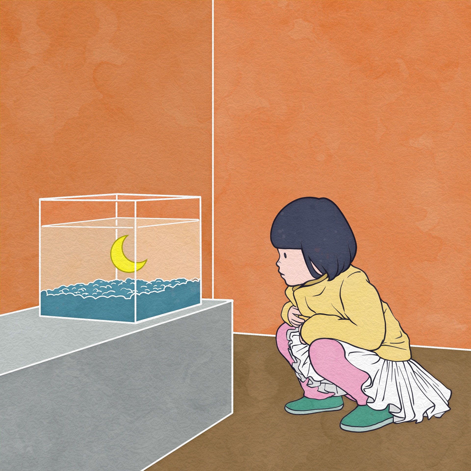 painting of a child looking at a moon in a fish tank