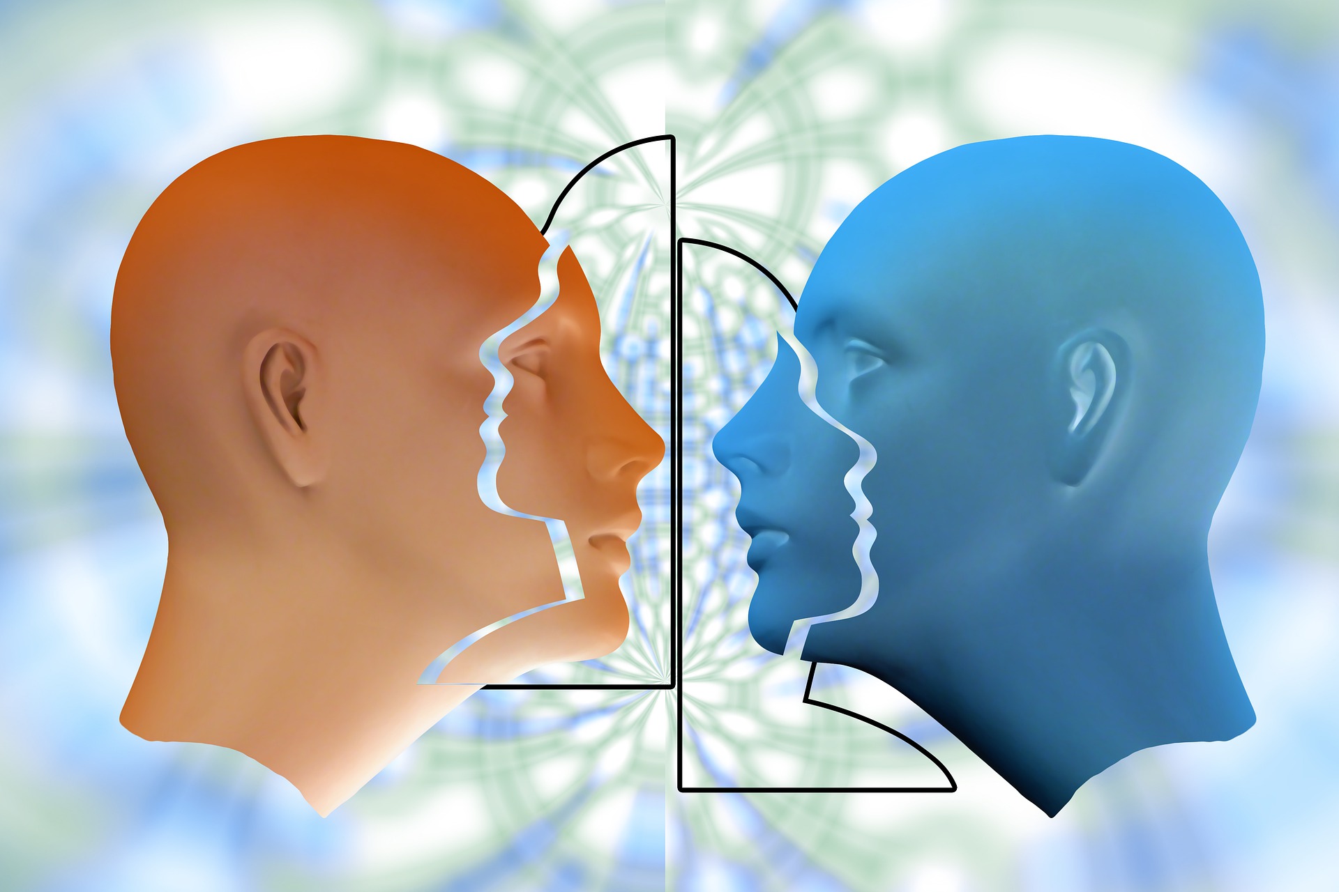 two faces, facing eachother against a prism background