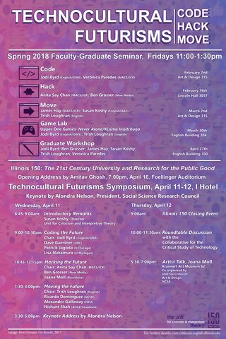 emoji background on "Technocultural Futurisms: Code, Hack, Move" event poster