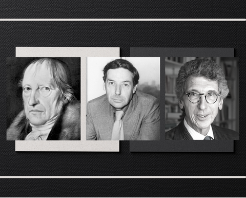 A black and white photo collage of Hegel, Williams, and Pinkard