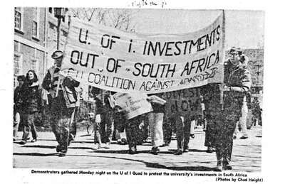Demonstrators gathered on the U of I Quad to protest the university’s investments in South Africa [1978]