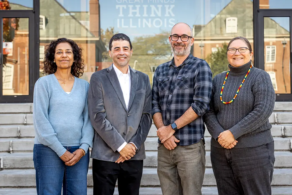 A photo of four organizers of the Sawyer Seminar. From left to right: Susan Koshy (English/Former Unit Director), Jason Mazzone (Law), Rosalyn LaPier (History/American Indian Studies), and David Sepkoski (History)