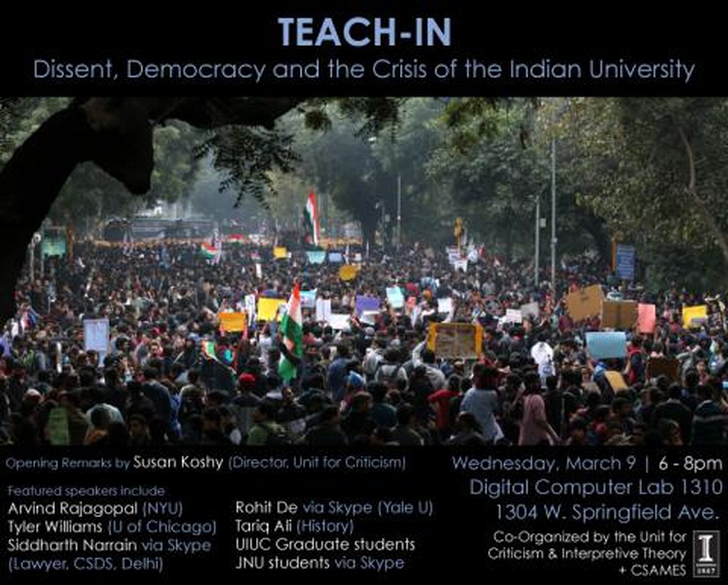 Teach-in poster featuring an image of the protests happening in the Indian University